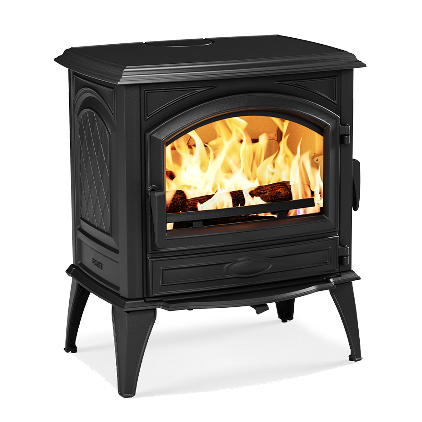 Dovre 640WD houtkachel met brandend vuur, zwart