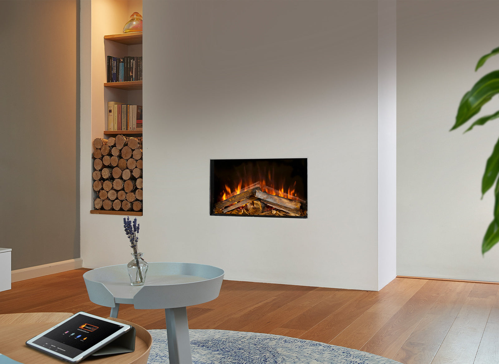 Fair Fires Tru Vizion Solution insert 650 Front in moderne woonkamer met vlammen