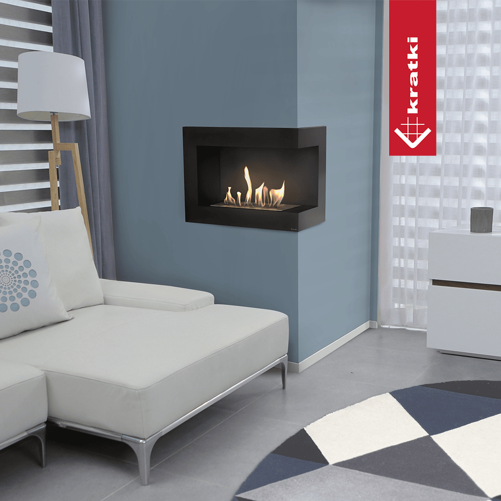 Kratki Delta TÜV in moderne woonkamer, ingebouwde haard met vlammen
