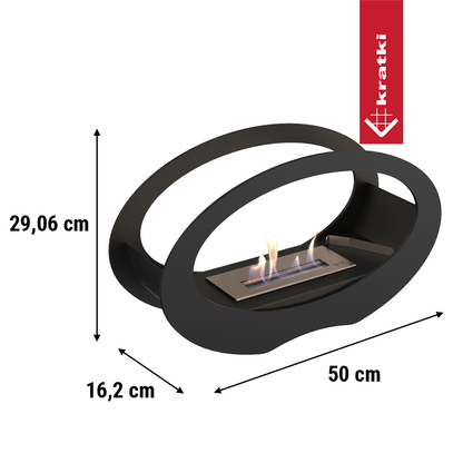 Kratki Echo bio-ethanol haard met ovale vorm en afmetingen van 29,06 cm x 50 cm x 16,2 cm.