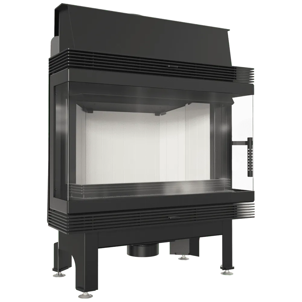 Zwarte Kratki Blanka 670/570 Links & Rechts haard met glazen zijpanelen en metalen frame.