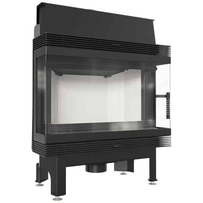 Zwarte Kratki Blanka 670/570 Links & Rechts haard met glazen zijpanelen en metalen frame.