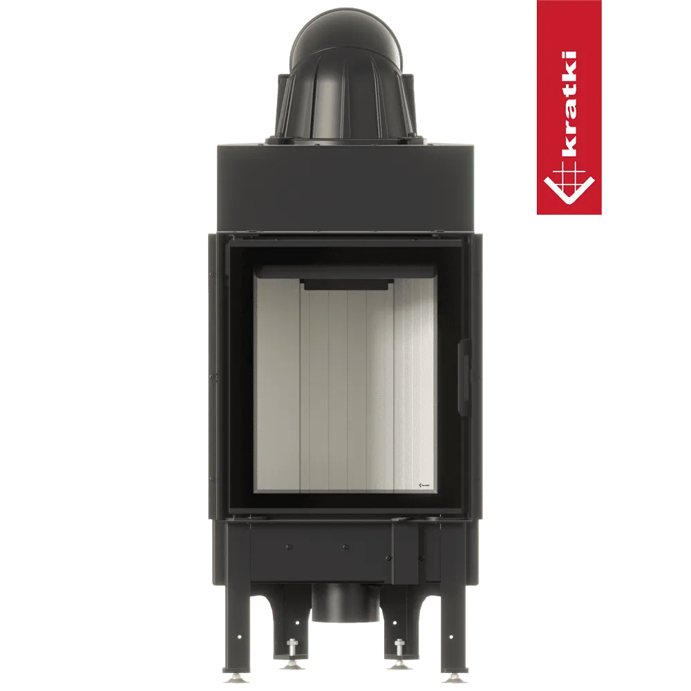 Zwarte Kratki Nadia 8 kW houtkachel met glazen deur en metalen frame.