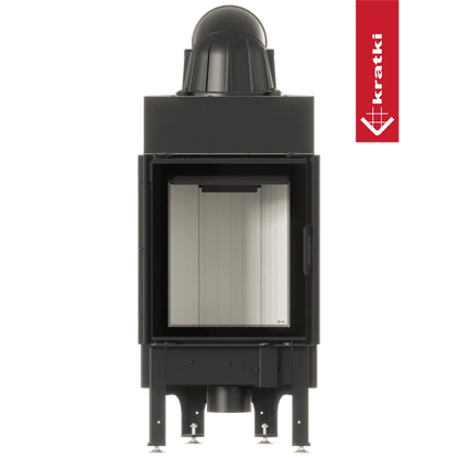 Zwarte Kratki Nadia 8 kW houtkachel met glazen deur en metalen frame.