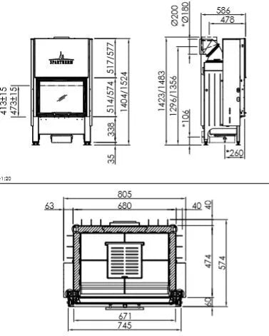 Technische tekening van Spartherm Linear Front 67x57 (vaste greep) met gedetailleerde afmetingen.