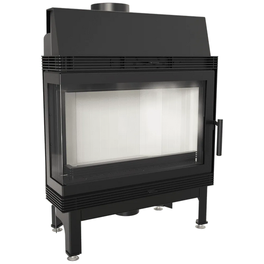 Kratki Blanka 670/570 Links, moderne zwarte houtkachel met glazen zijpaneel en metalen frame.