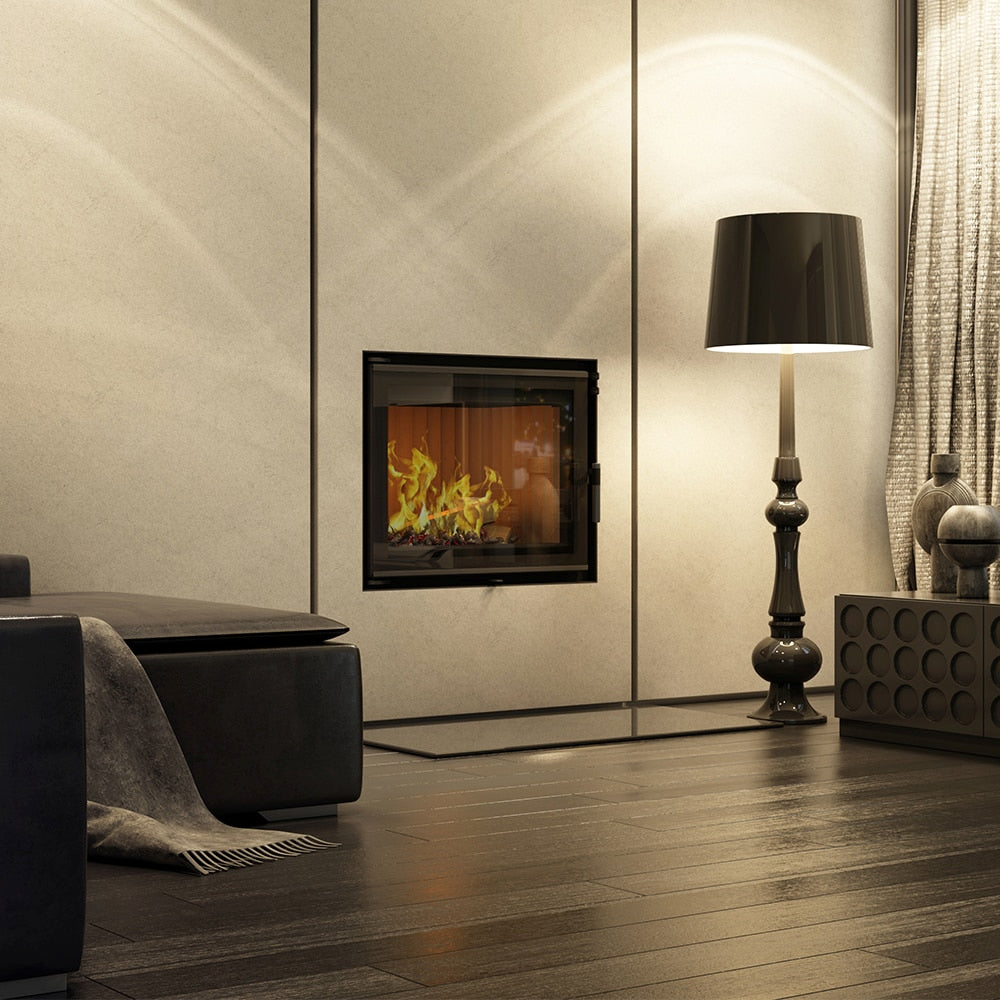 Kratki Aquario A in moderne woonkamer, ingebouwde haard met vlammen