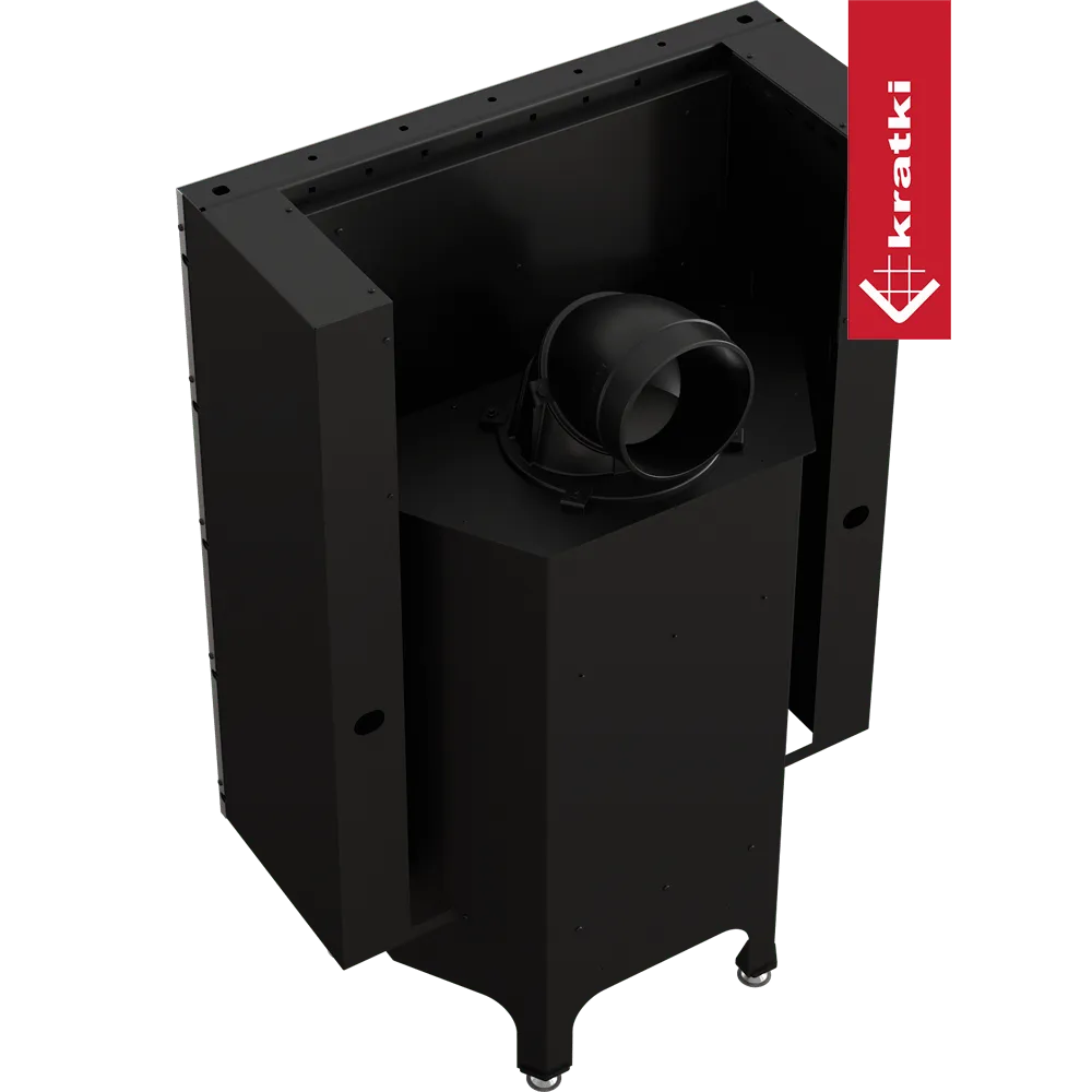 Zwarte Kratki Nadia 10 kW houtkachel met moderne, strakke lijnen en robuuste constructie.