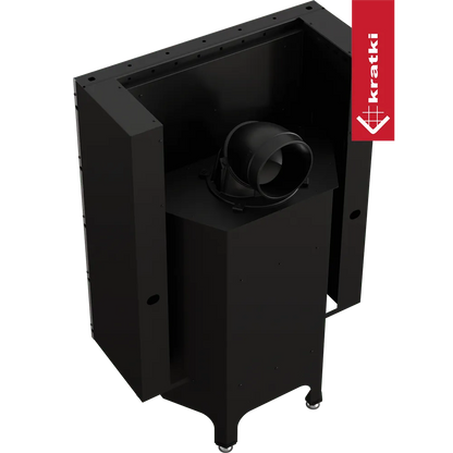 Zwarte Kratki Nadia 10 kW houtkachel met moderne, strakke lijnen en robuuste constructie.