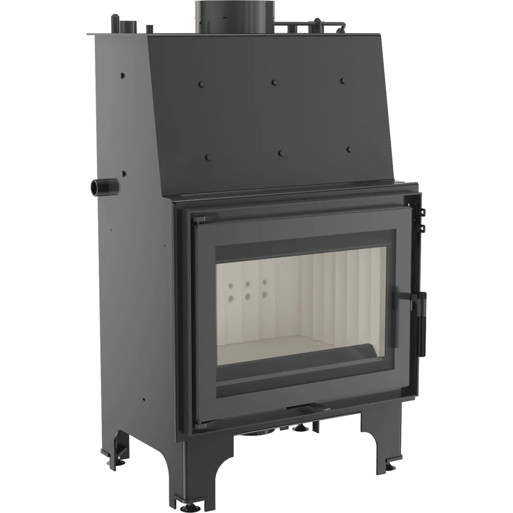 Zwarte Kratki Aquario Z 10 kW houtkachel met glazen deur en metalen frame.