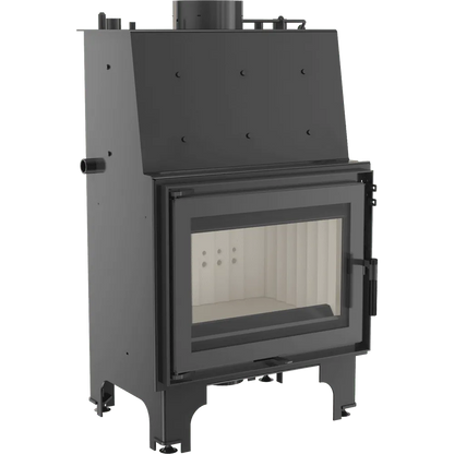 Zwarte Kratki Aquario Z 10 kW houtkachel met glazen deur en metalen frame.