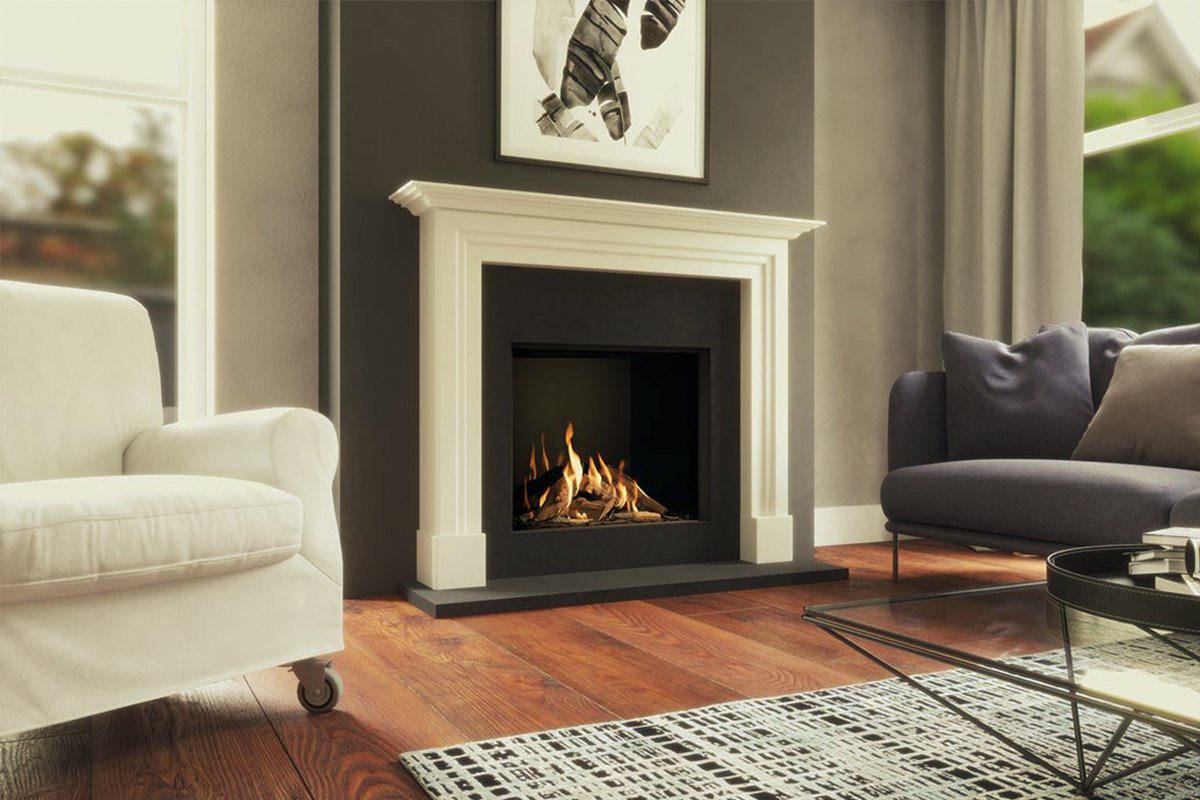 DRU Global 70XT CF ingebouwde haard in een moderne woonkamer