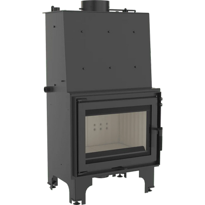 Zwarte Kratki Aquario Z 14 kW houtkachel met glazen deur en metalen frame.