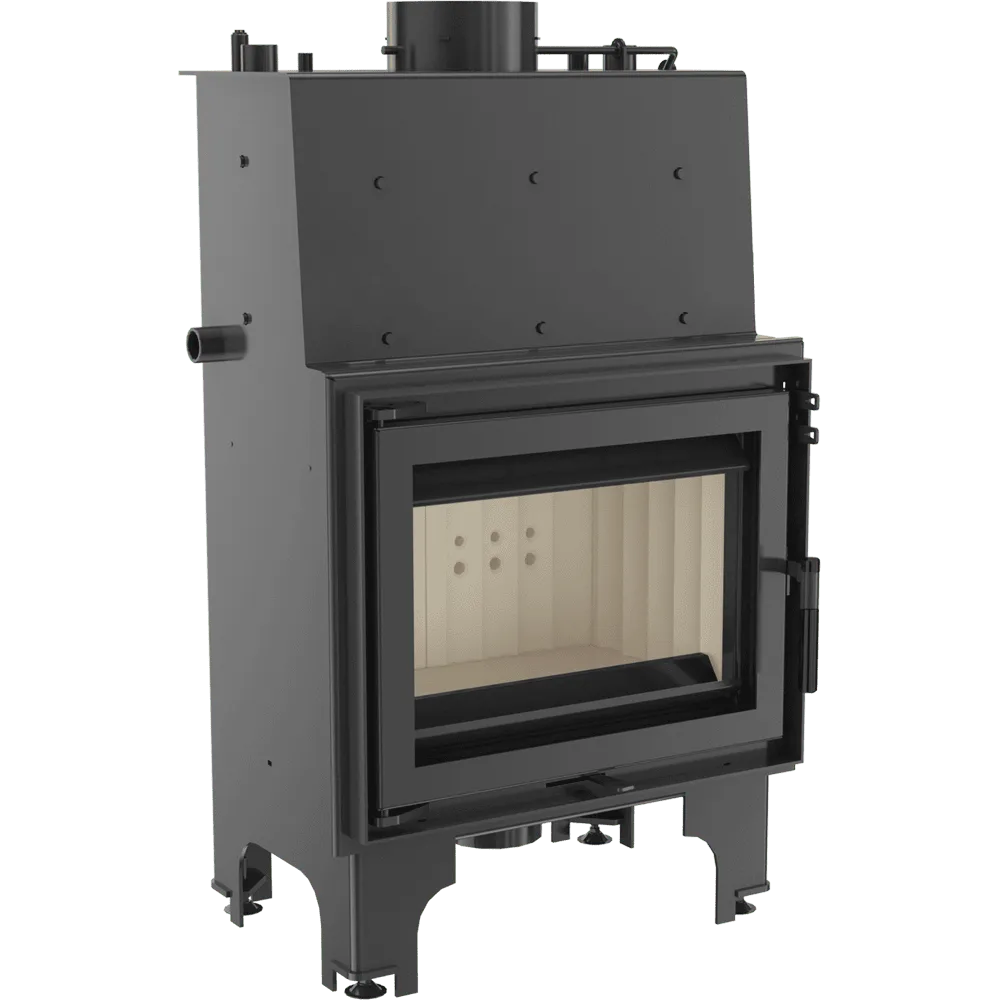 Kratki Aquario M 8 kW houtkachel met glazen deur en zwart metalen behuizing.