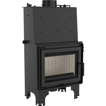 Kratki Aquario M 12 kW houtkachel met glazen deur en zwart metalen behuizing.