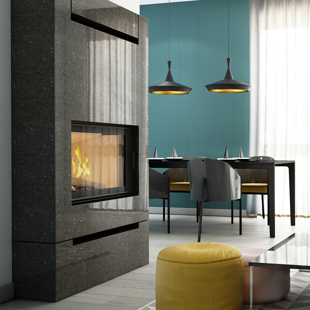Kratki Nadia haard in moderne woonkamer met brandend vuur