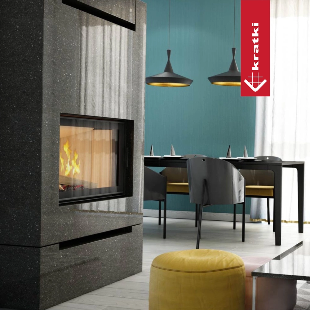 Kratki Nadia haard in moderne woonkamer met eettafel