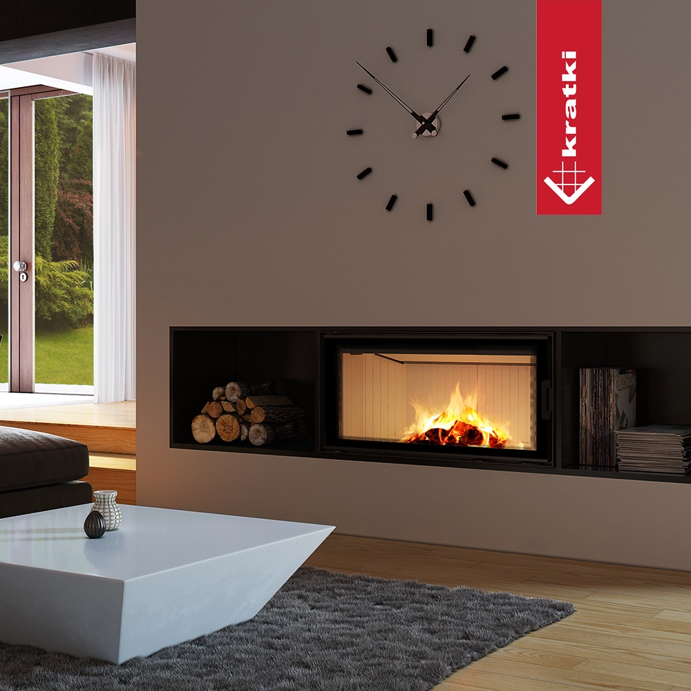 Kratki Nadia in moderne woonkamer met ingebouwde haard en brandend vuur