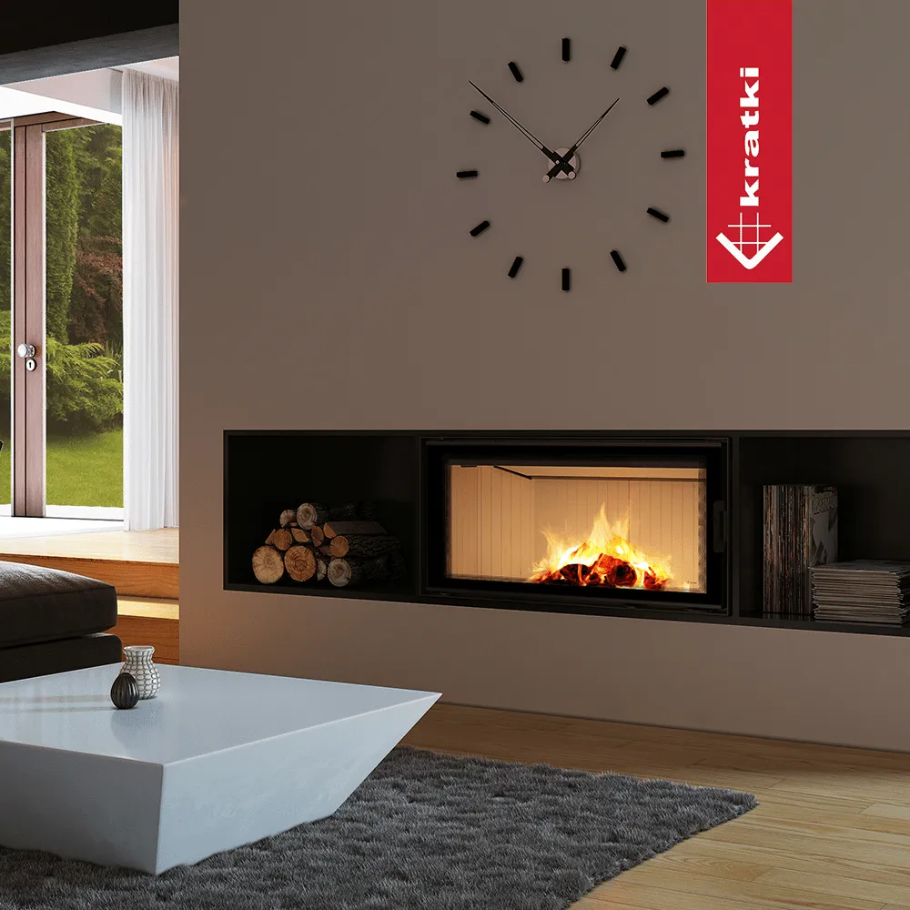 Moderne woonkamer met Kratki Nadia 14 kW haard, strakke inrichting en grote ramen.