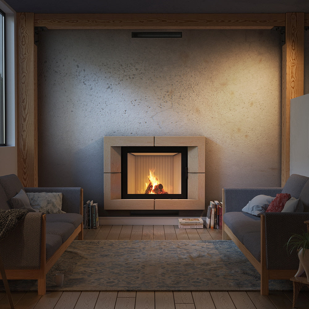 Kratki Nadia ingebouwde haard in een moderne woonkamer met brandend vuur
