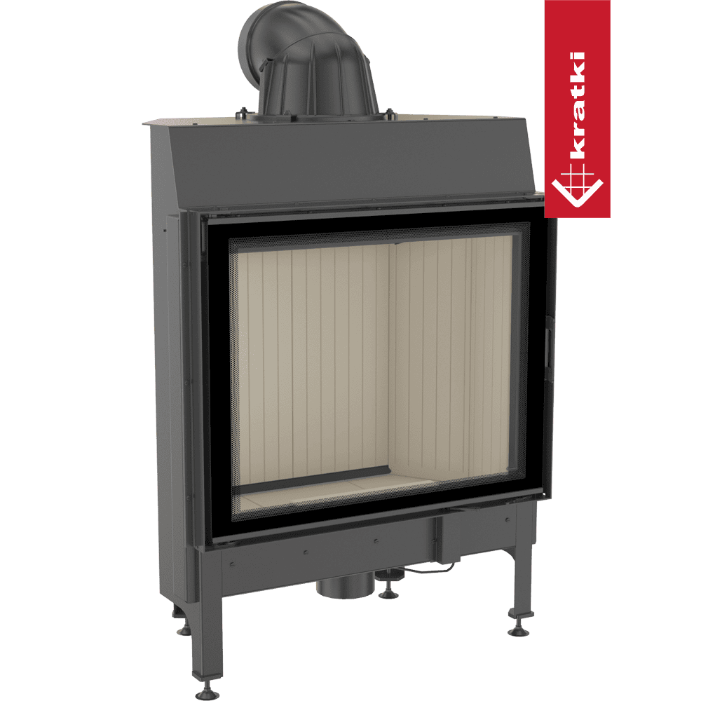 Kratki Nadia 13 kW, een moderne inbouwhaard met glazen deur en metalen frame.