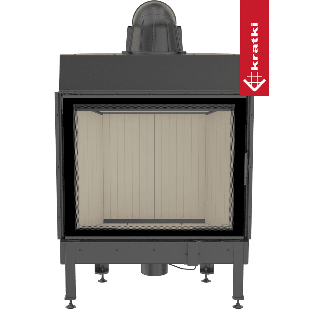 Kratki Nadia 13 kW houtkachel met glazen deur en zwart metalen frame.