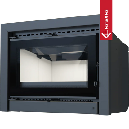 Kratki Kaseta KDZ K, moderne inbouwhaard met glazen deur en strak zwart metalen frame.