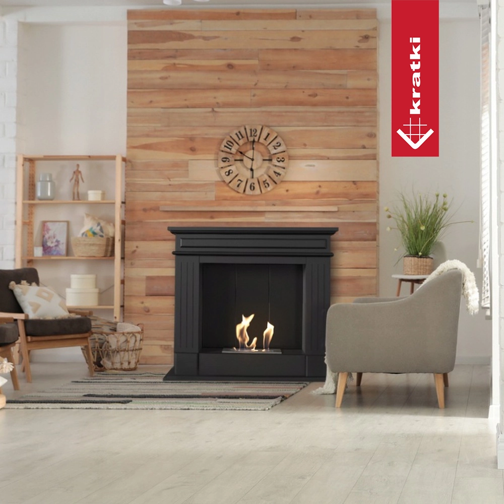 Kratki November TÜV haard in moderne woonkamer met houten wand en vlammen