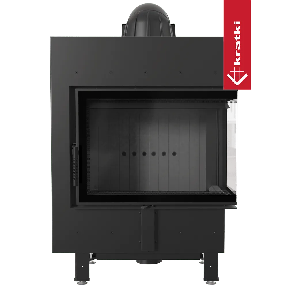 Kratki Lucy 12 kW Rechts, moderne zwarte houtkachel met glazen deur en zijpaneel.