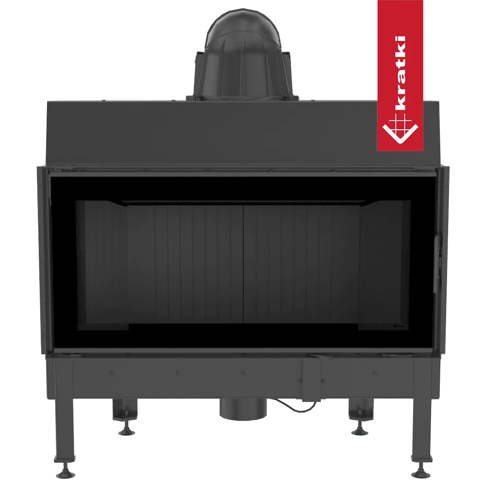 Zwarte Kratki Nadia 14 kW houtkachel met glazen deur en rode merklabel aan de zijkant.