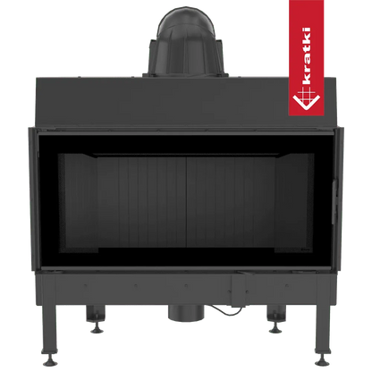 Zwarte Kratki Nadia 14 kW houtkachel met glazen deur en rode merklabel aan de zijkant.