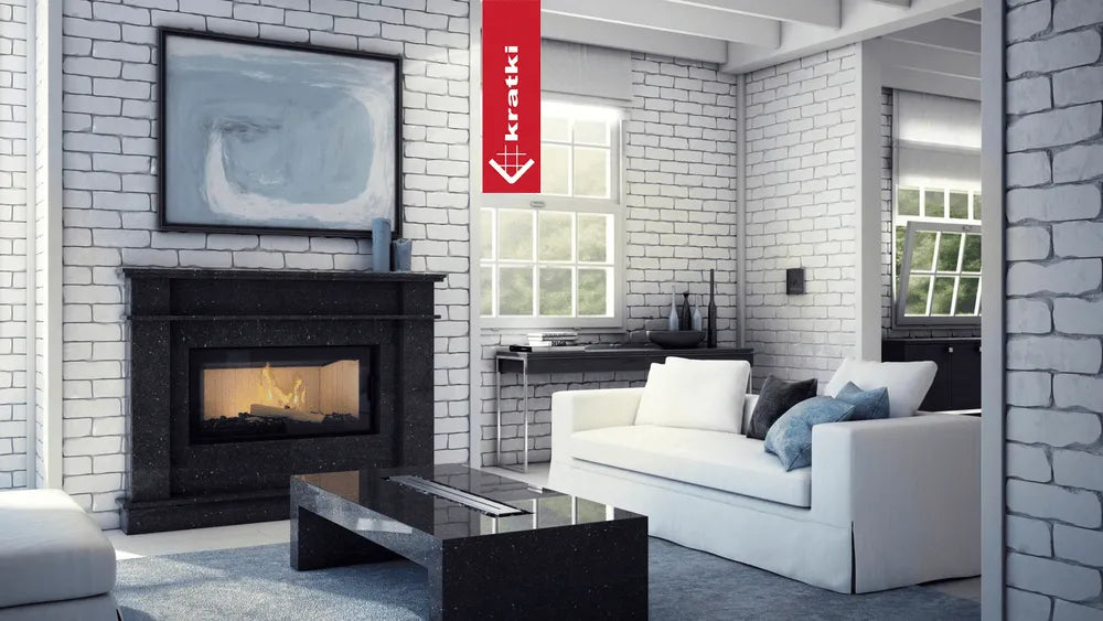Moderne woonkamer met Kratki Nadia 14 kW haard, witte bakstenen muren en zwarte accenten.