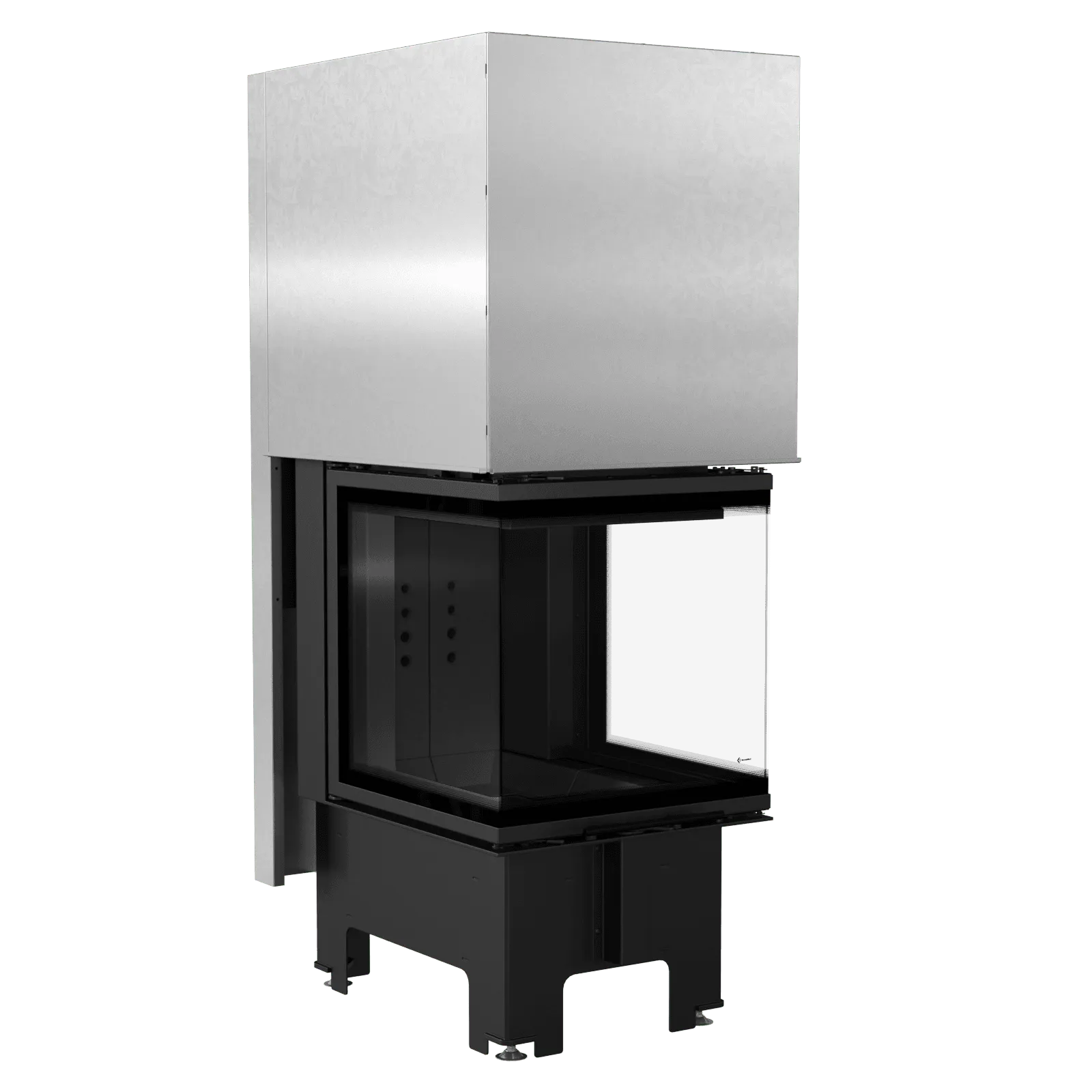 Kratki NBC 500/500 moderne inbouwhaard met glazen hoek en metalen behuizing.