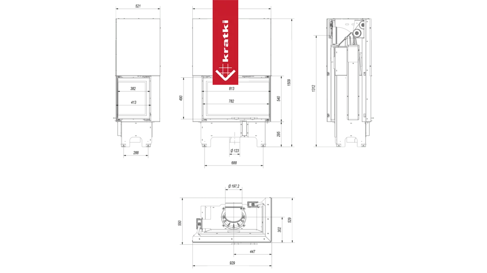 Technische tekening van Kratki VNP 810/410 met afmetingen en doorsneden.