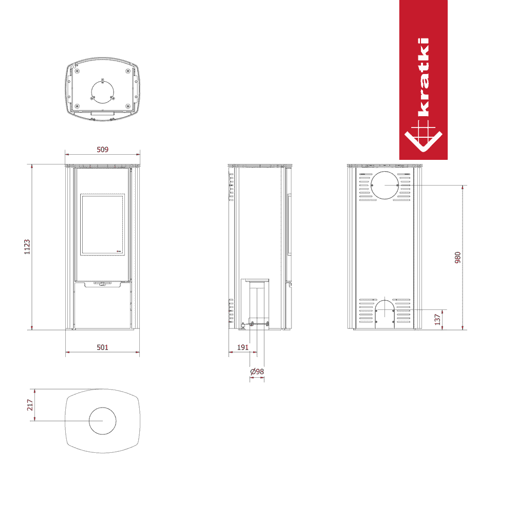 Schematische tekening van de Kratki Enyo R haard met afmetingen en technische details.