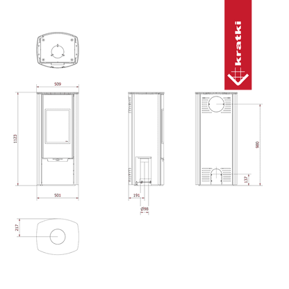 Schematische tekening van de Kratki Enyo R haard met afmetingen en technische details.