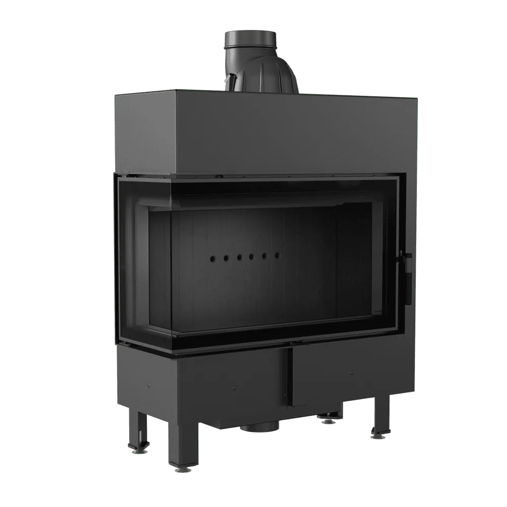 Zwarte Kratki Lucy 14 kW Slim Links houtkachel met glazen deur en moderne uitstraling.