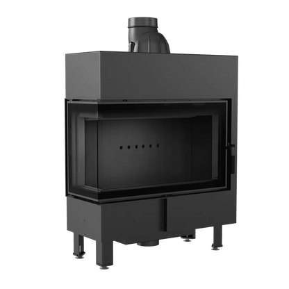 Zwarte Kratki Lucy 14 kW Slim Links houtkachel met glazen deur en moderne uitstraling.