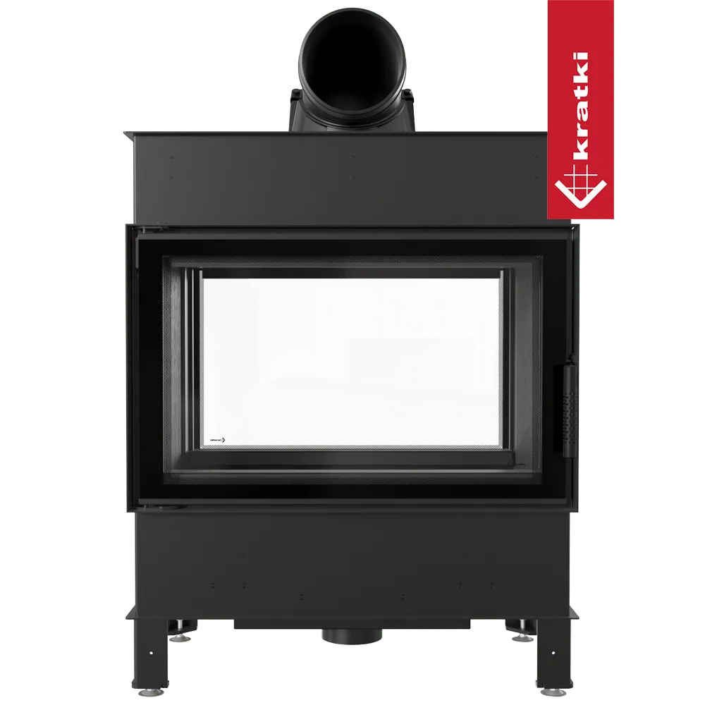 Kratki Lucy 14 kW Tunnel, moderne doorkijkhaard met zwart metalen frame en glazen deur.