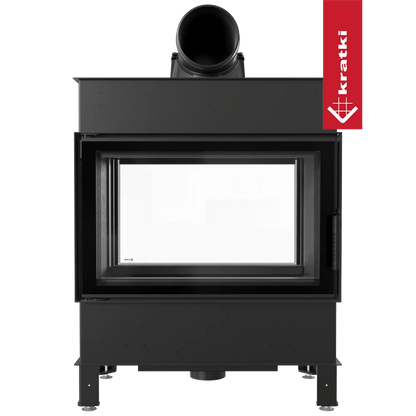 Kratki Lucy 14 kW Tunnel, moderne doorkijkhaard met zwart metalen frame en glazen deur.