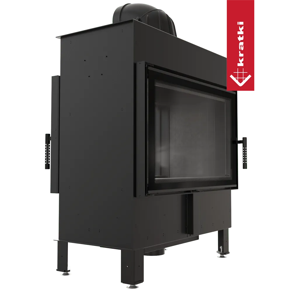 Kratki Lucy 14 kW Tunnel houtkachel met dubbele glazen deuren en zwart metalen behuizing.