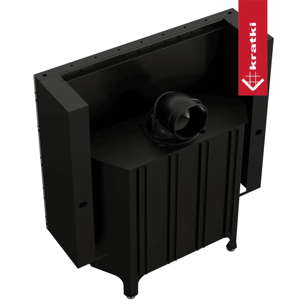 Kratki Nadia 14 kW houtkachel met zwart metalen behuizing en bovenste rookafvoer.