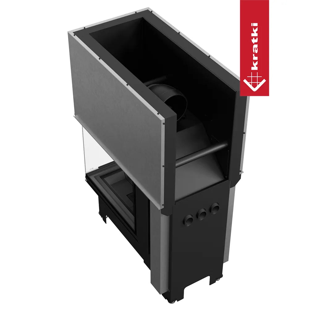 Kratki NBU 500/700, moderne inbouwhaard met glazen deur en metalen behuizing.