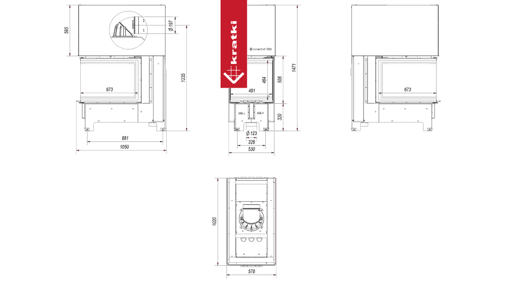 Technische tekening van de Kratki NBU 500/700 haard met afmetingen en specificaties.