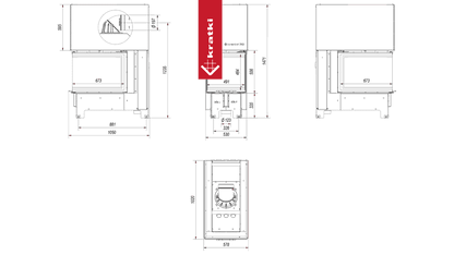 Technische tekening van de Kratki NBU 500/700 haard met afmetingen en specificaties.