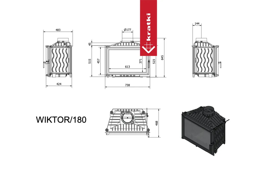 Technische tekening en afmetingen van de Kratki Wiktor houtkachel, model WIKTOR/180.