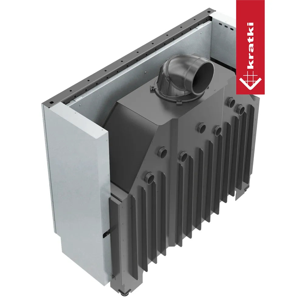 Kratki MB120 inbouwhaard met metalen behuizing en rookafvoer, geschikt voor moderne interieurs.
