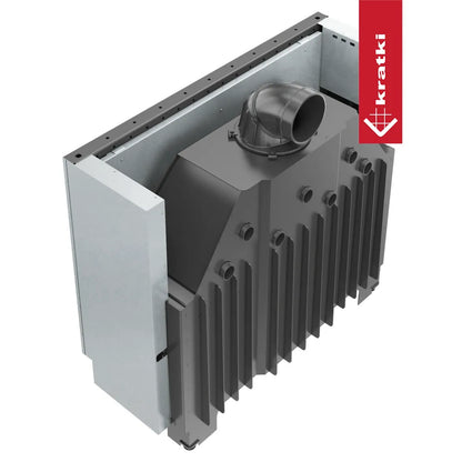 Kratki MB120 inbouwhaard met metalen behuizing en rookafvoer, geschikt voor moderne interieurs.