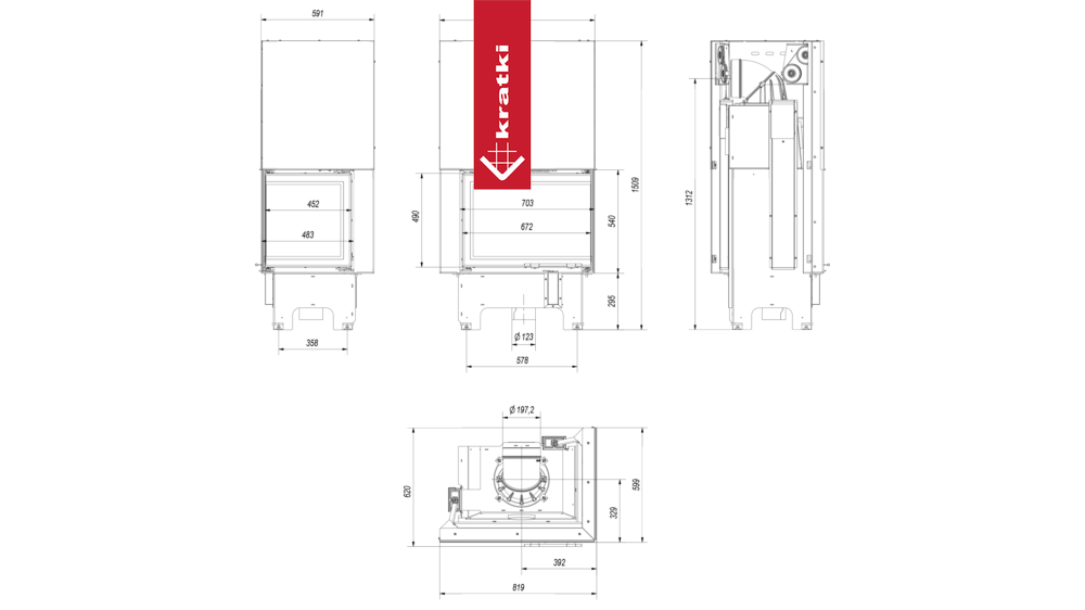 Technische tekening van de Kratki VNP 700/480 haard met afmetingen.