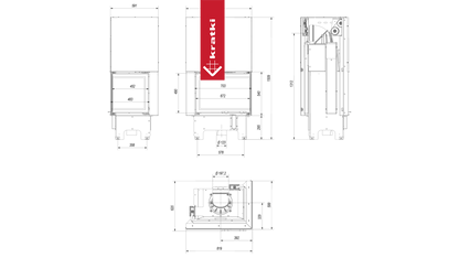 Technische tekening van de Kratki VNP 700/480 haard met afmetingen.